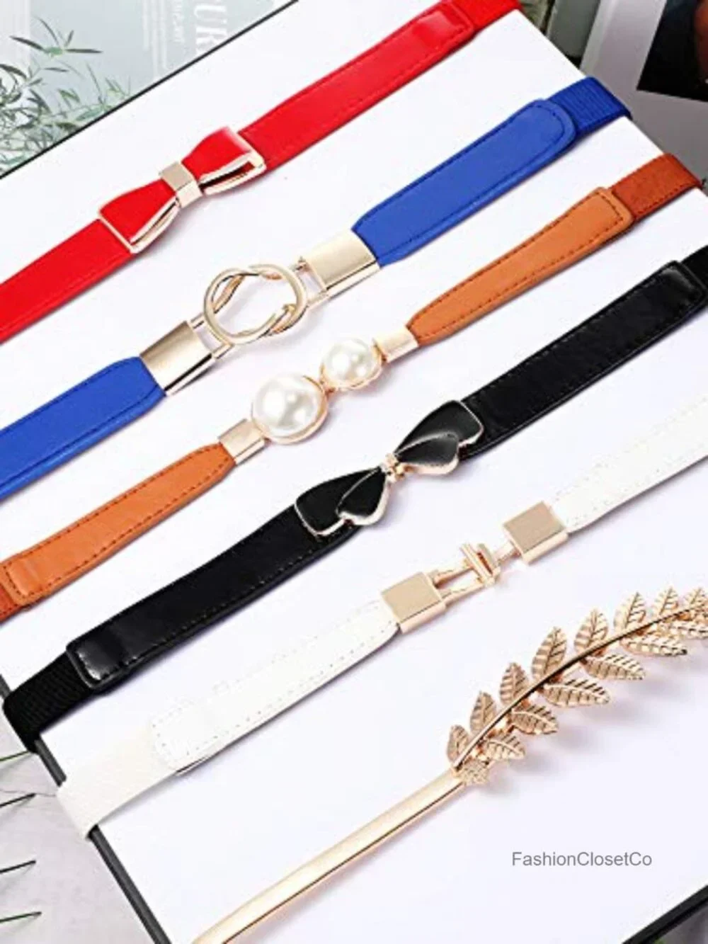 6 Pack Women Skinny Stretch Belts Elastic Waist Cinch Retro Faux Leather Metal